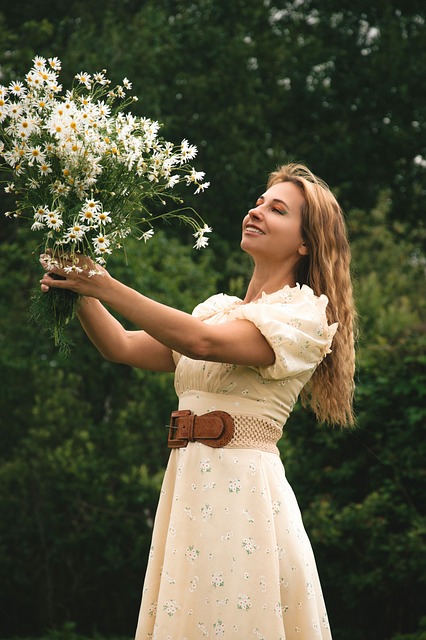 woman, summer, fashion, style, nature, beautiful flowers, model, posing, femininity, beautiful, young woman, hat, flowers, daisies, flower background, bouquet of flowers, positive, flower wallpaper, meadow, country dress, in nature, classic, portrait, green nature